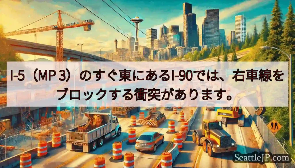 I-5（MP 3）のすぐ東にあるI-90では、右車線をブロックする衝突があります。