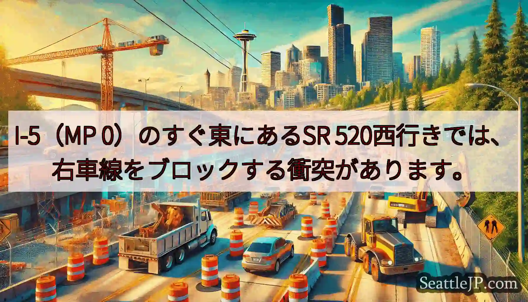 I-5（MP 0）のすぐ東にあるSR 520西行きでは、右車線をブロックする衝突があります。