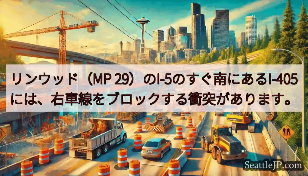 リンウッド（MP 29）のI-5のすぐ南にあるI-405には、右車線をブロックする衝突があります。