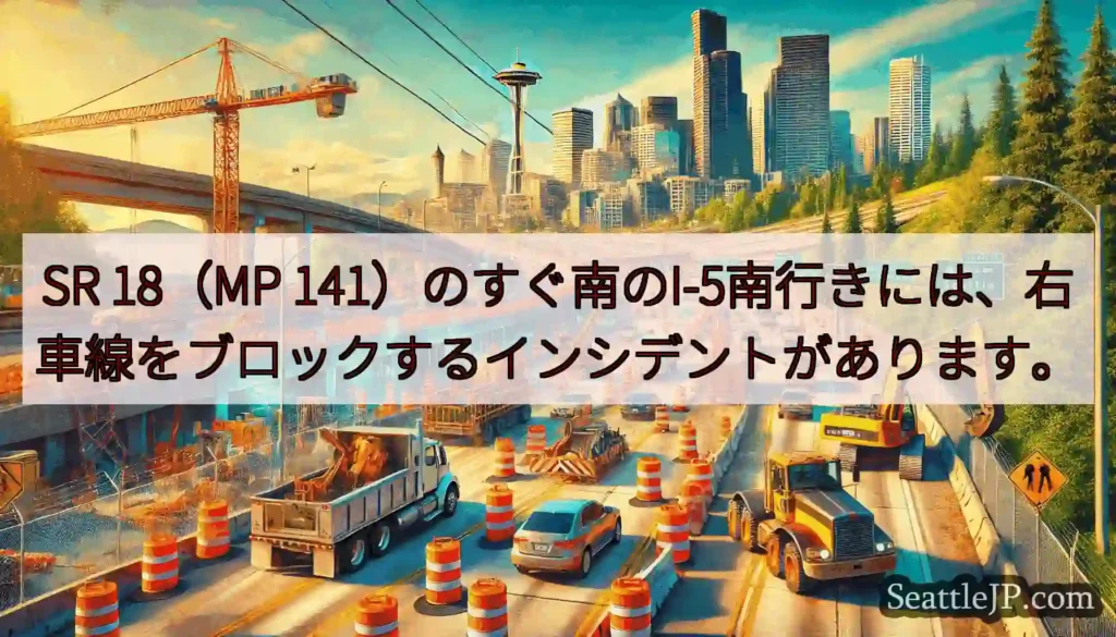 SR 18（MP 141）のすぐ南のI-5南行きには、右車線をブロックするインシデントがあります。