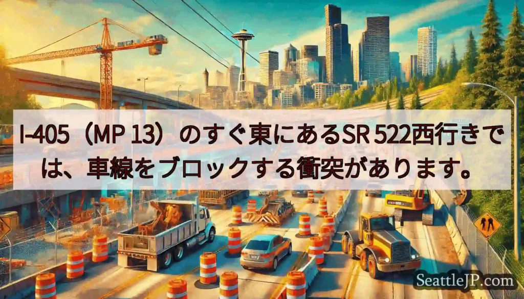 I-405（MP 13）のすぐ東にあるSR 522西行きでは、車線をブロックする衝突があります。