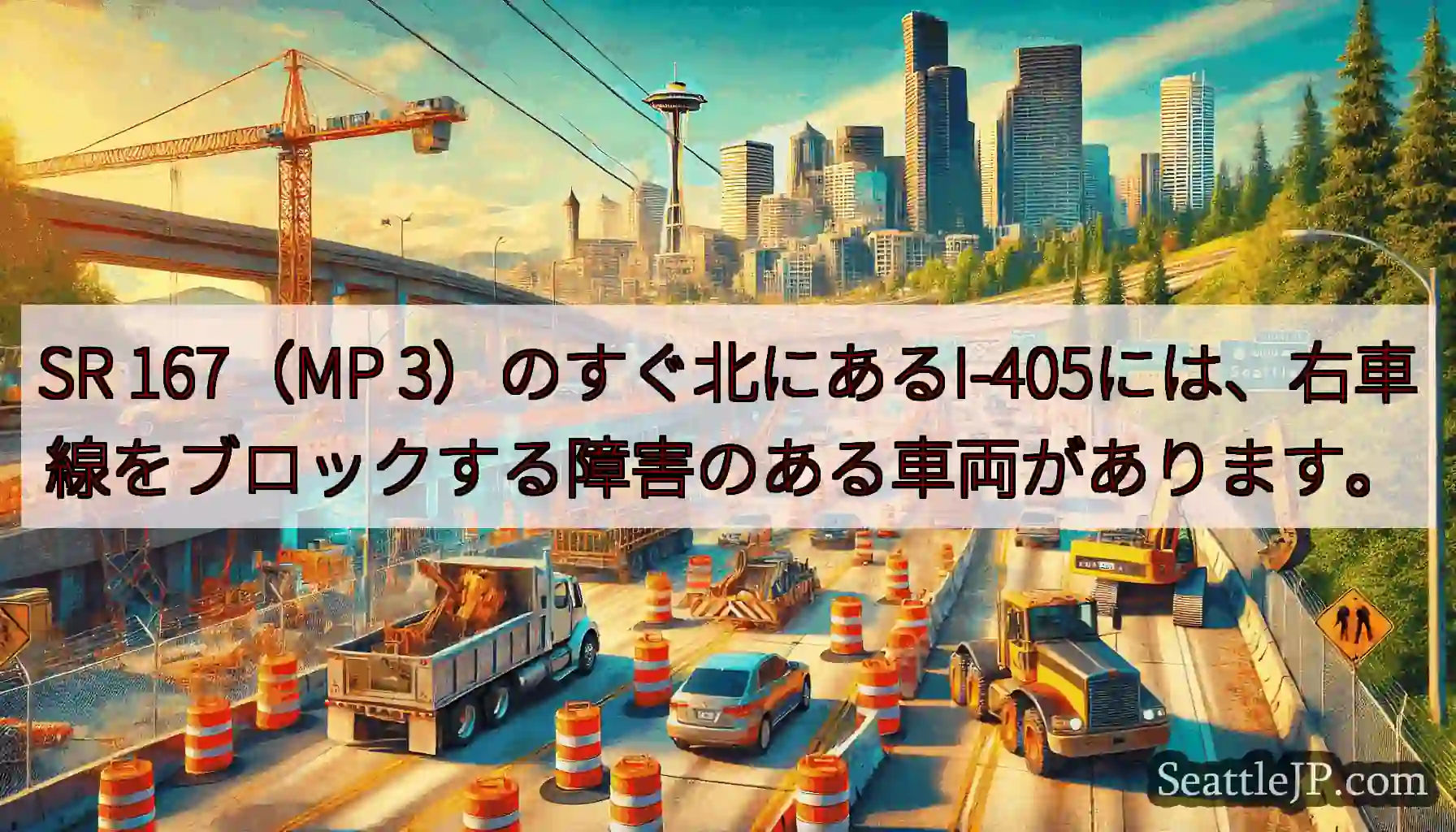 SR 167（MP 3）のすぐ北にあるI-405には、右車線をブロックする障害のある車両があります。