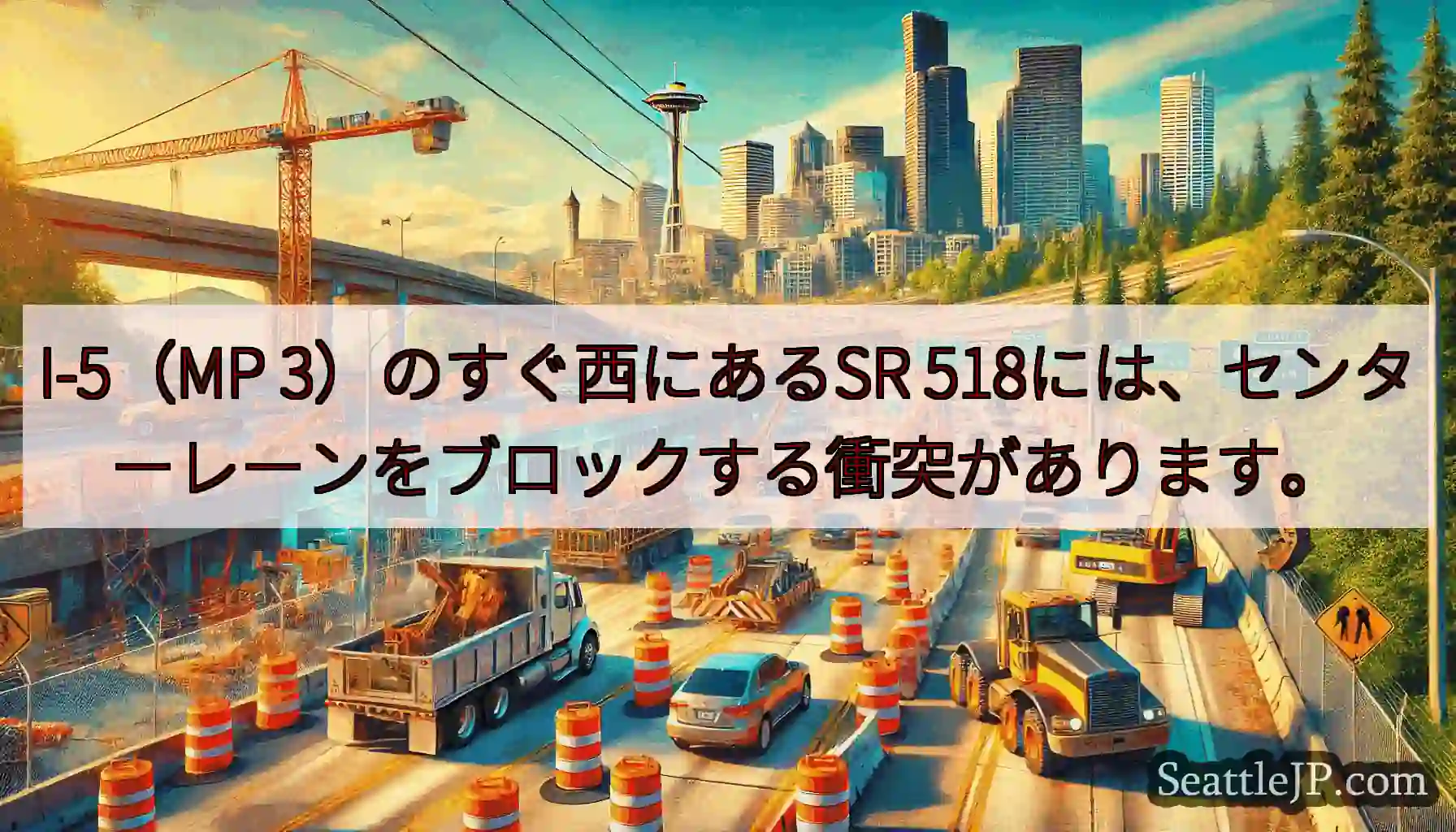 I-5（MP 3）のすぐ西にあるSR 518には、センターレーンをブロックする衝突があります。