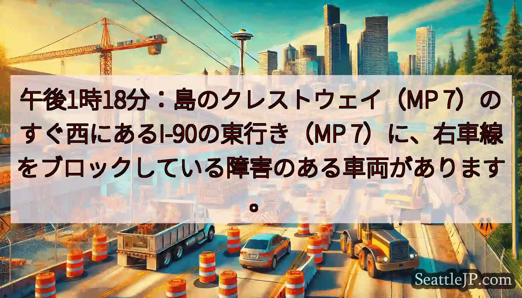 午後1時18分：島のクレストウェイ（MP 7）のすぐ西にあるI-90の東行き（MP