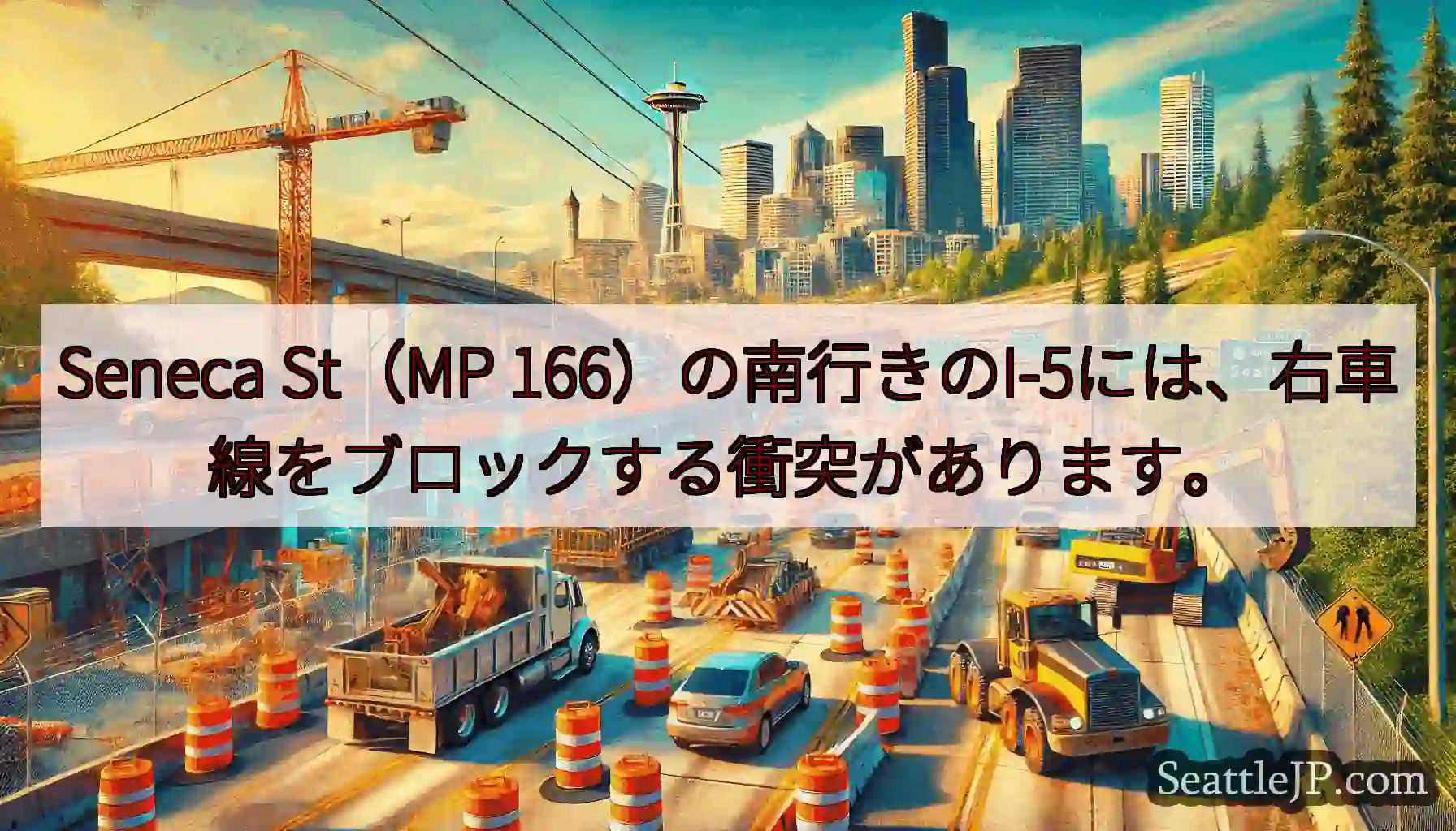 Seneca St（MP 166）の南行きのI-5には、右車線をブロックする衝突があります。