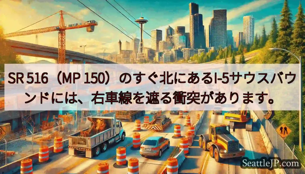 SR 516（MP 150）のすぐ北にあるI-5サウスバウンドには、右車線を遮る衝突があります。