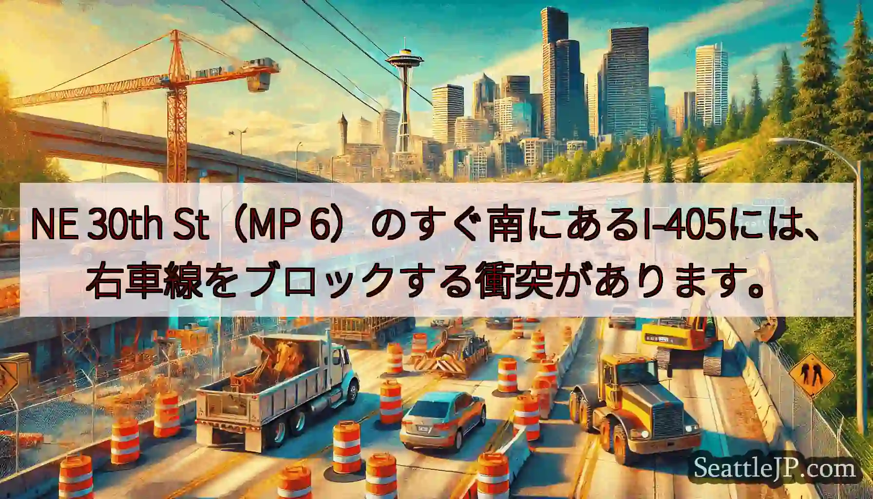 NE 30th St（MP 6）のすぐ南にあるI-405には、右車線をブロックする衝突があります。