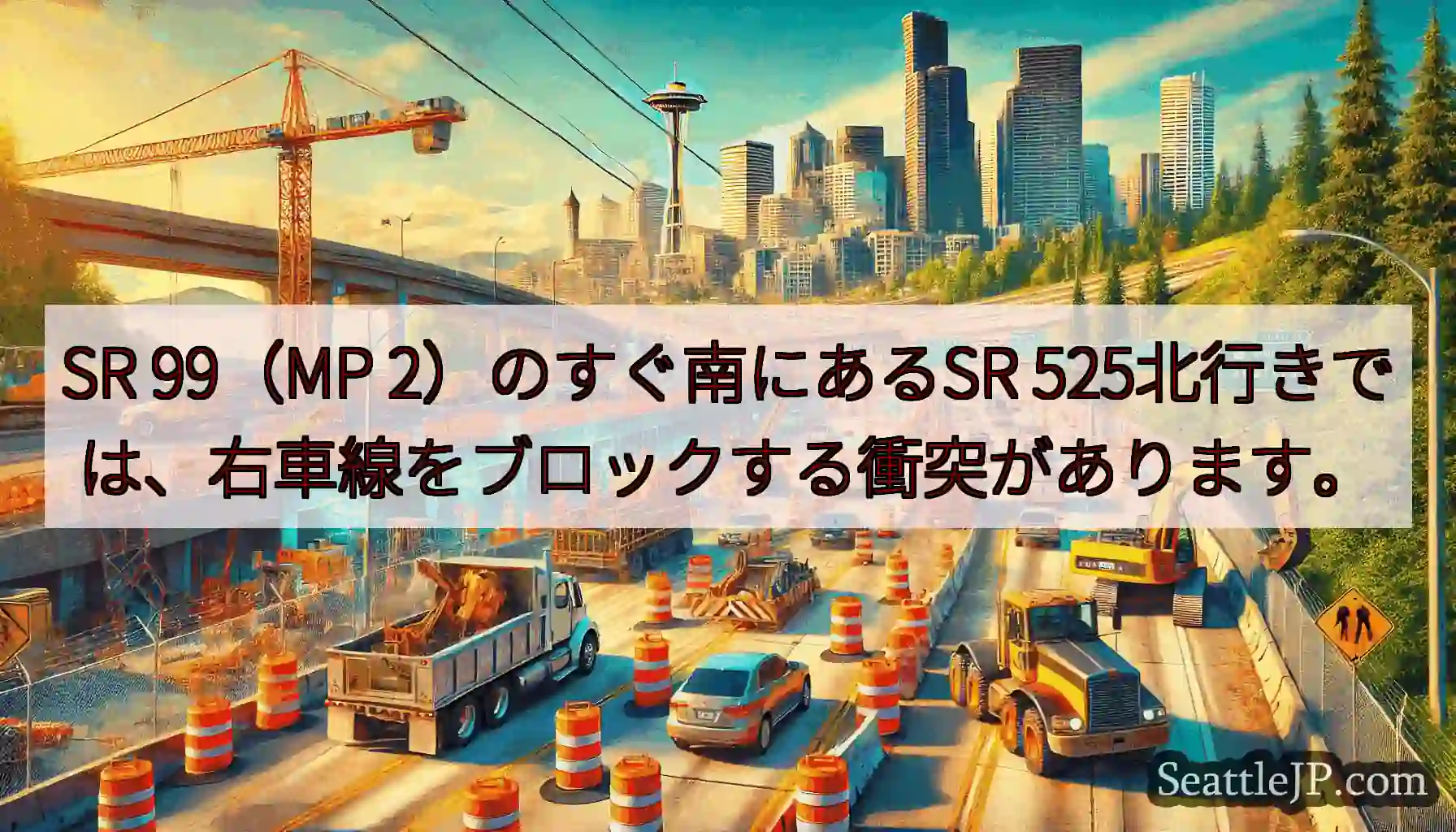 SR 99（MP 2）のすぐ南にあるSR 525北行きでは、右車線をブロックする衝突があります。