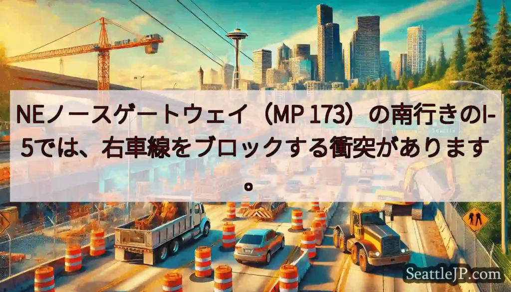 NEノースゲートウェイ（MP 173）の南行きのI-5では、右車線をブロックする衝突があります。