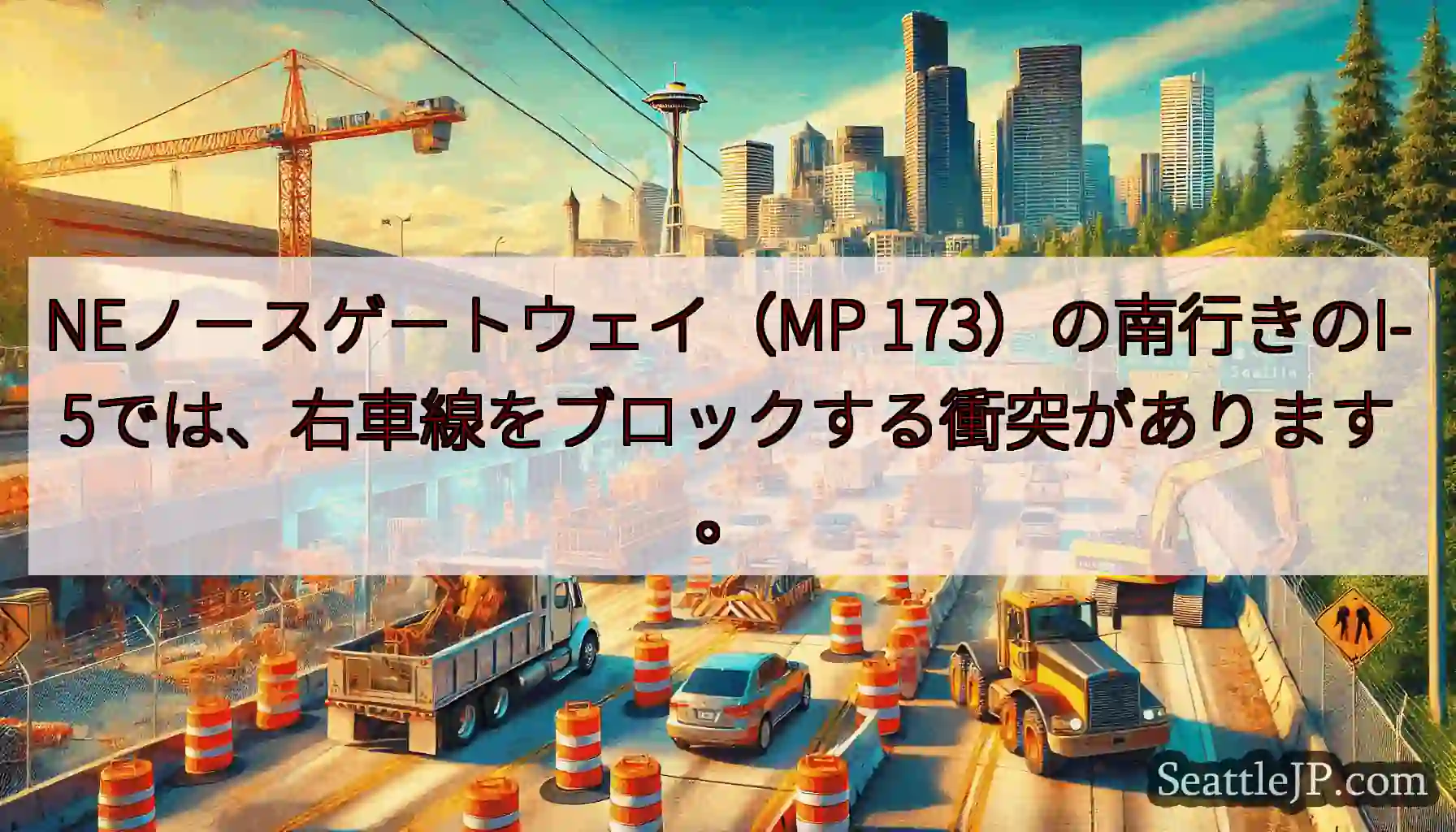 NEノースゲートウェイ（MP 173）の南行きのI-5では、右車線をブロックする衝突があります。