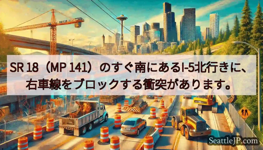 SR 18（MP 141）のすぐ南にあるI-5北行きに、右車線をブロックする衝突があります。