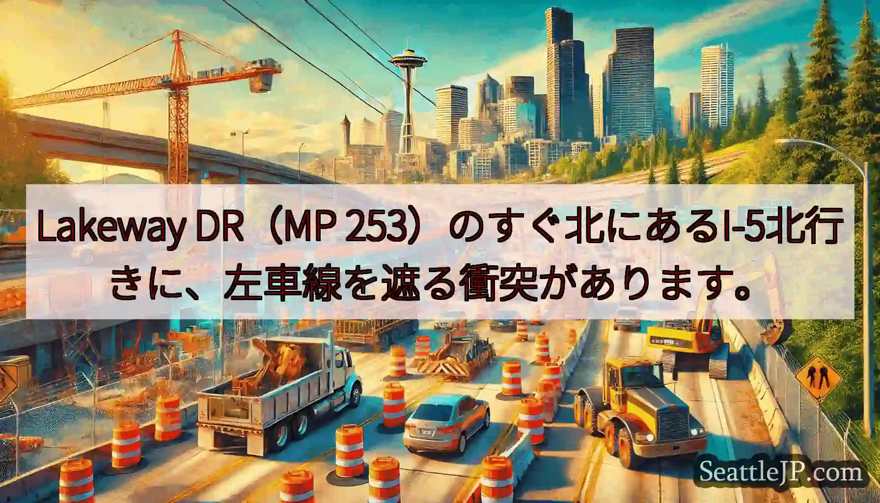 Lakeway DR（MP 253）のすぐ北にあるI-5北行きに、左車線を遮る衝突があります。