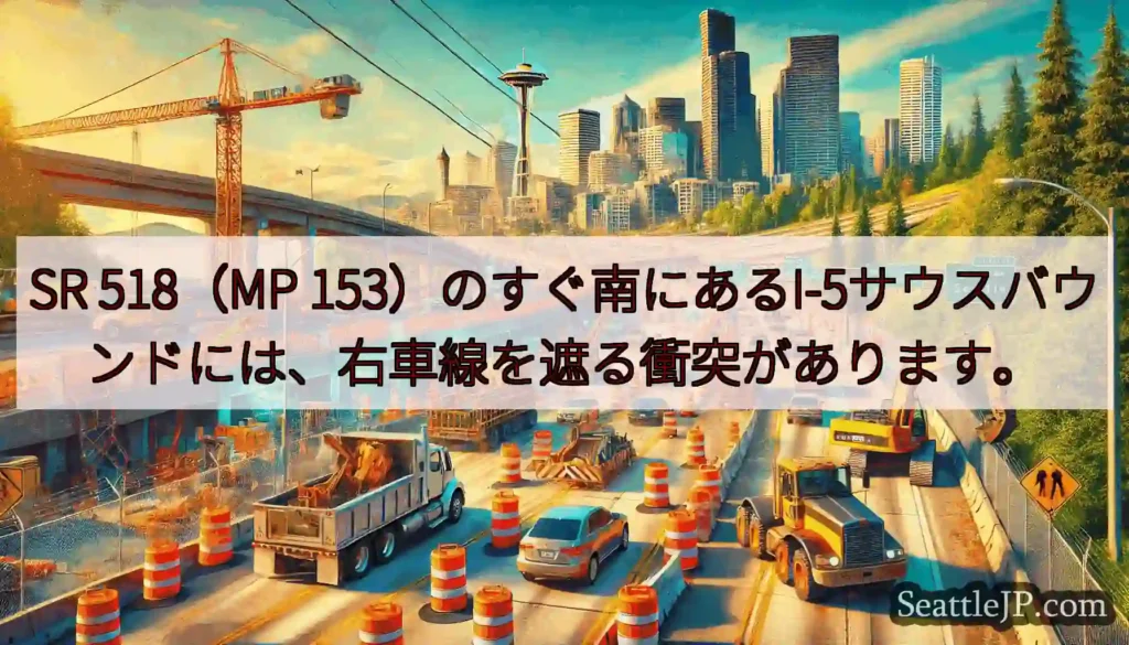 SR 518（MP 153）のすぐ南にあるI-5サウスバウンドには、右車線を遮る衝突があります。