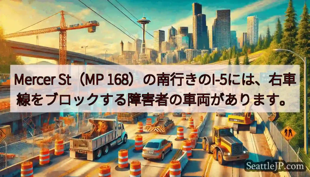 Mercer St（MP 168）の南行きのI-5には、右車線をブロックする障害者の車両があります。