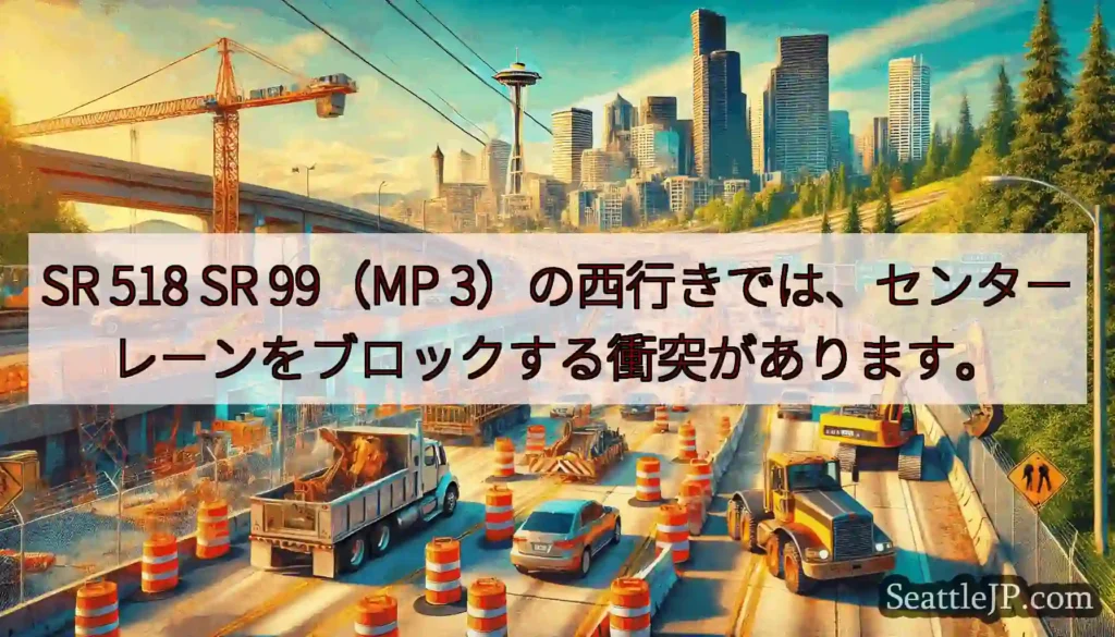 SR 518 SR 99（MP 3）の西行きでは、センターレーンをブロックする衝突があります。