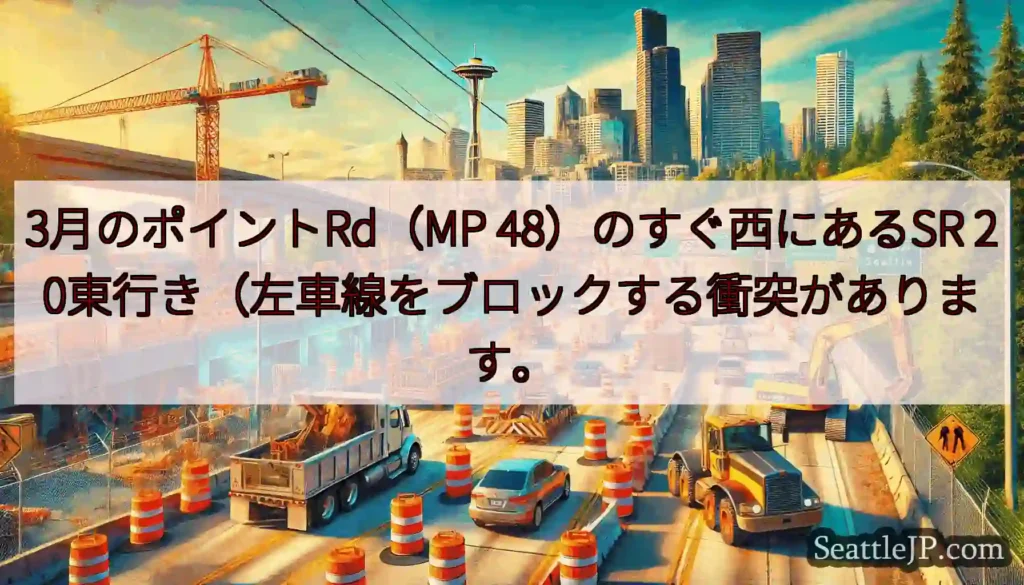 3月のポイントRd（MP 48）のすぐ西にあるSR 20東行き（左車線をブロックする衝突があります。