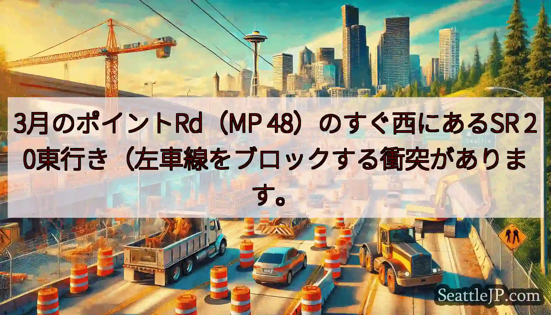 3月のポイントRd（MP 48）のすぐ西にあるSR 20東行き（左車線をブロックする衝突があります。
