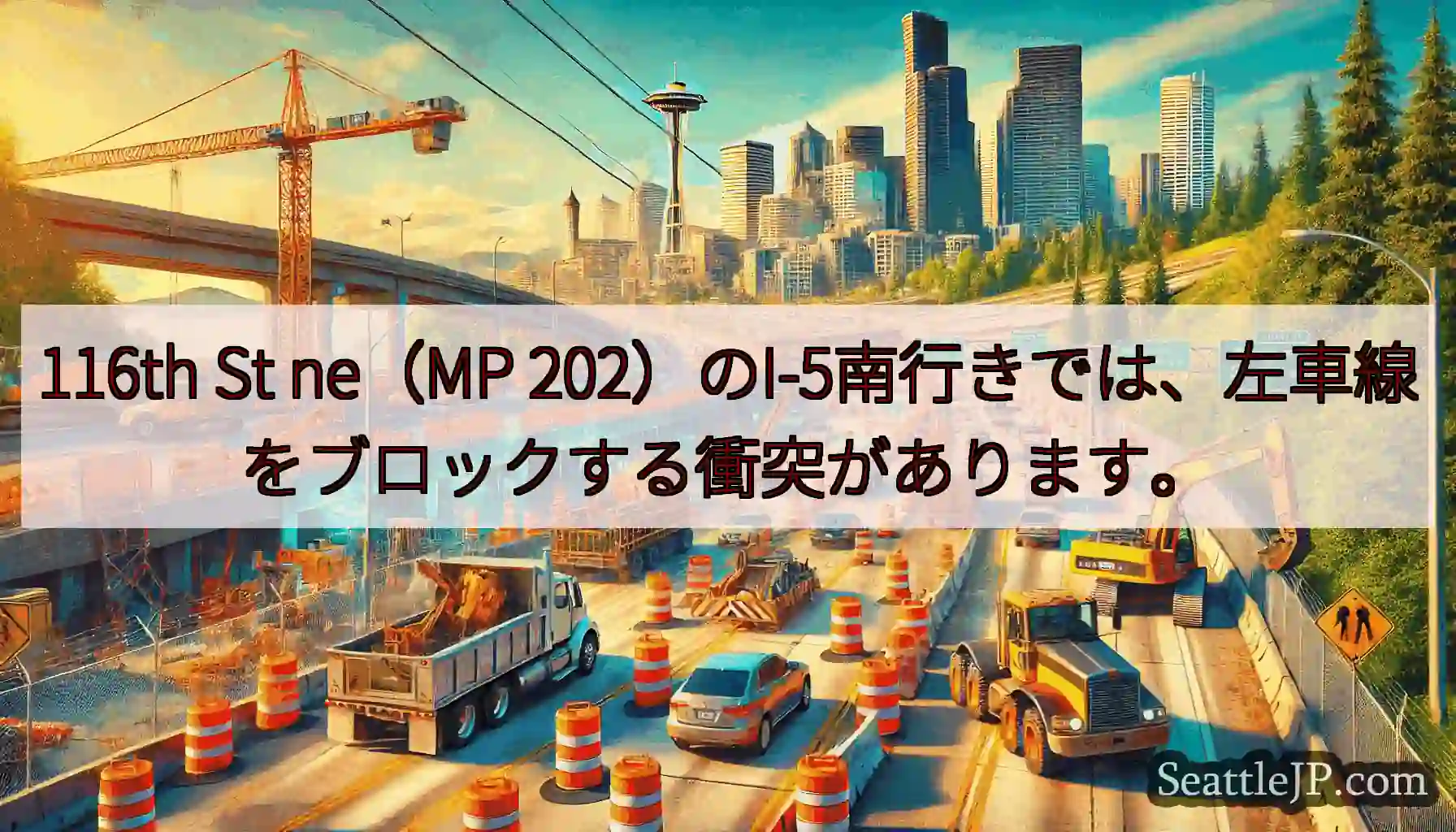116th St ne（MP 202）のI-5南行きでは、左車線をブロックする衝突があります。
