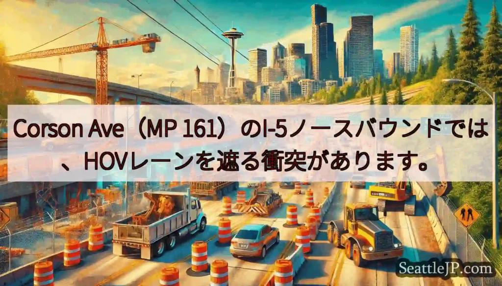 Corson Ave（MP 161）のI-5ノースバウンドでは、HOVレーンを遮る衝突があります。