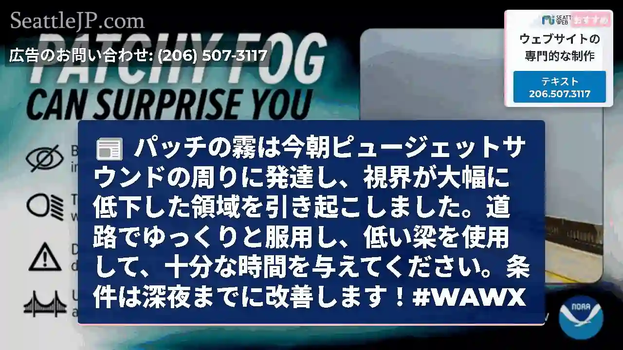 パッチの霧は今朝ピュージェットサウンドの周りに発達し、視界が大幅に低下した領域を引き起こしました。道