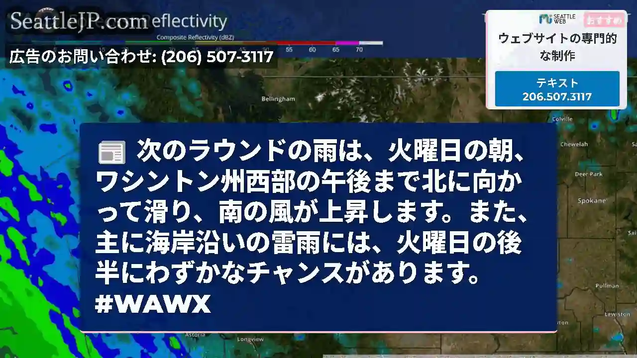 次のラウンドの雨は、火曜日の朝、ワシントン州西部の午後まで北に向かって滑り、南の風が上昇します。また