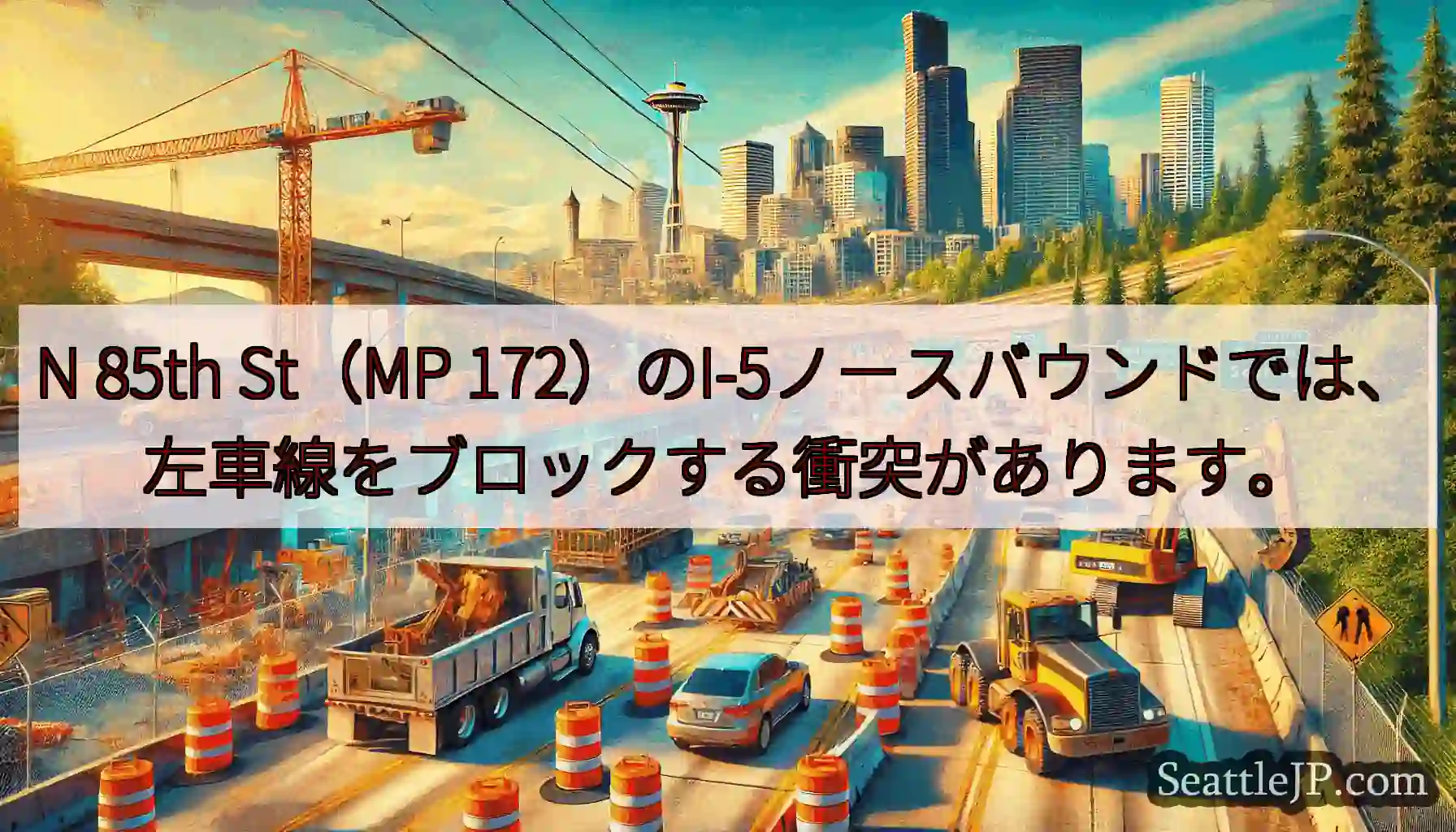 N 85th St（MP 172）のI-5ノースバウンドでは、左車線をブロックする衝突があります。