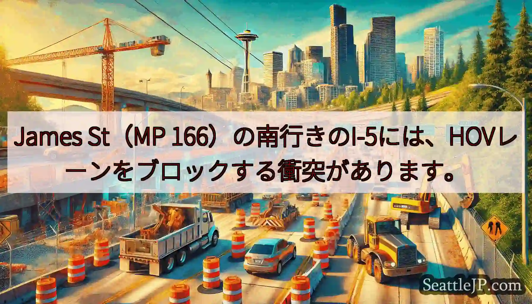 James St（MP 166）の南行きのI-5には、HOVレーンをブロックする衝突があります。