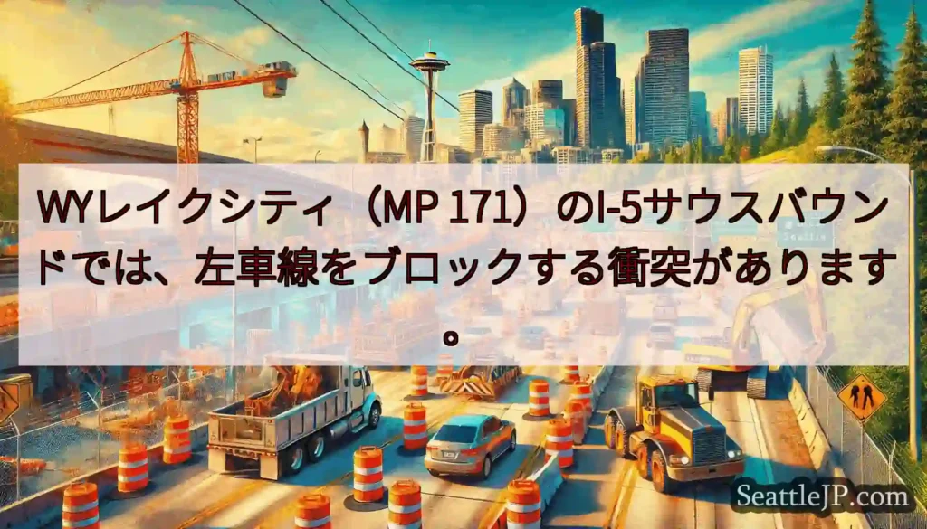 WYレイクシティ（MP 171）のI-5サウスバウンドでは、左車線をブロックする衝突があります。