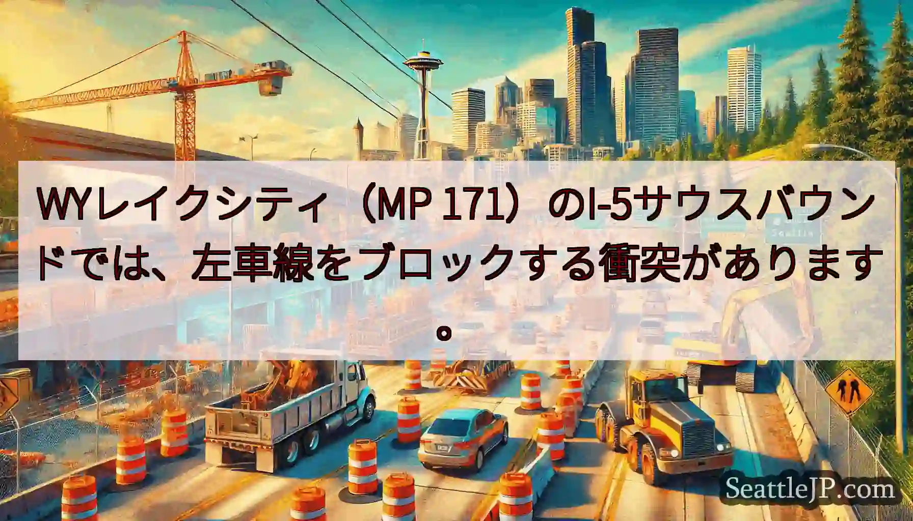WYレイクシティ（MP 171）のI-5サウスバウンドでは、左車線をブロックする衝突があります。
