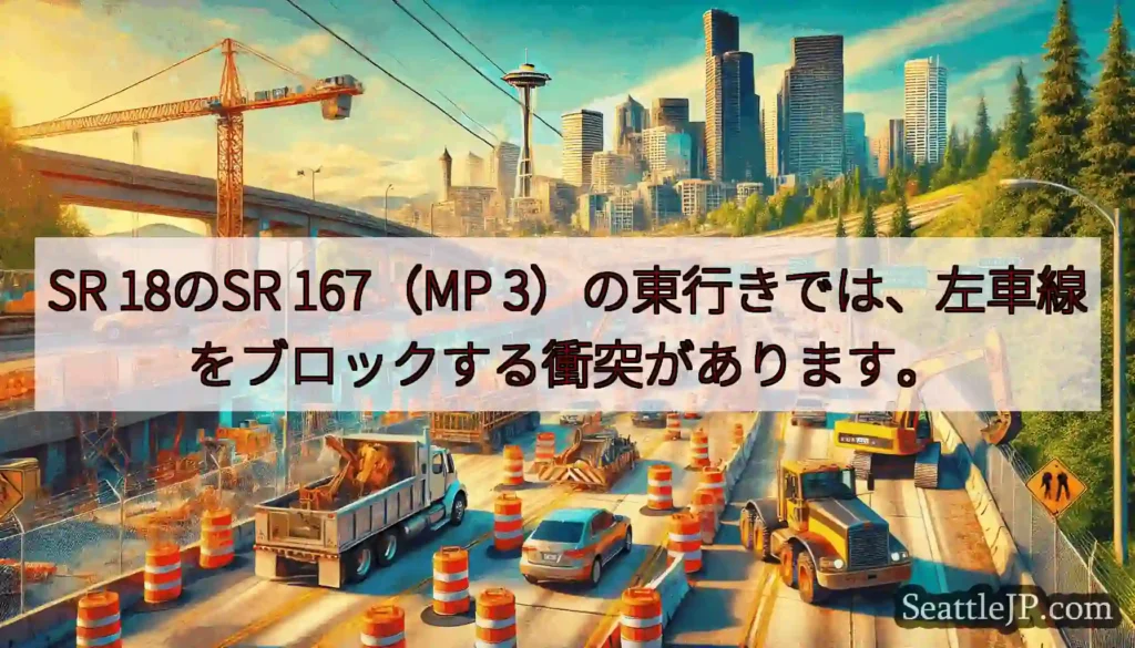 SR 18のSR 167（MP 3）の東行きでは、左車線をブロックする衝突があります。