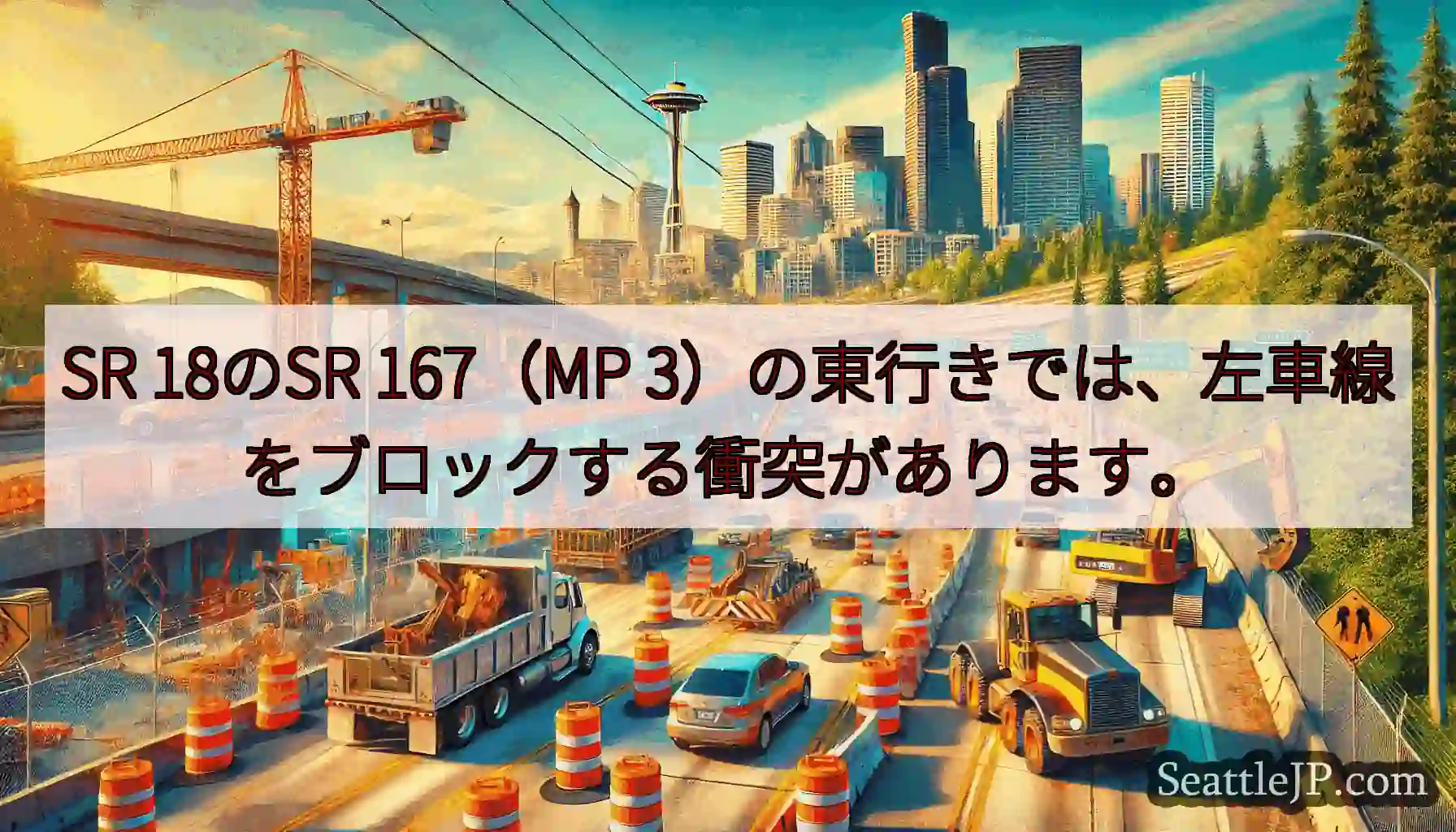 SR 18のSR 167（MP 3）の東行きでは、左車線をブロックする衝突があります。