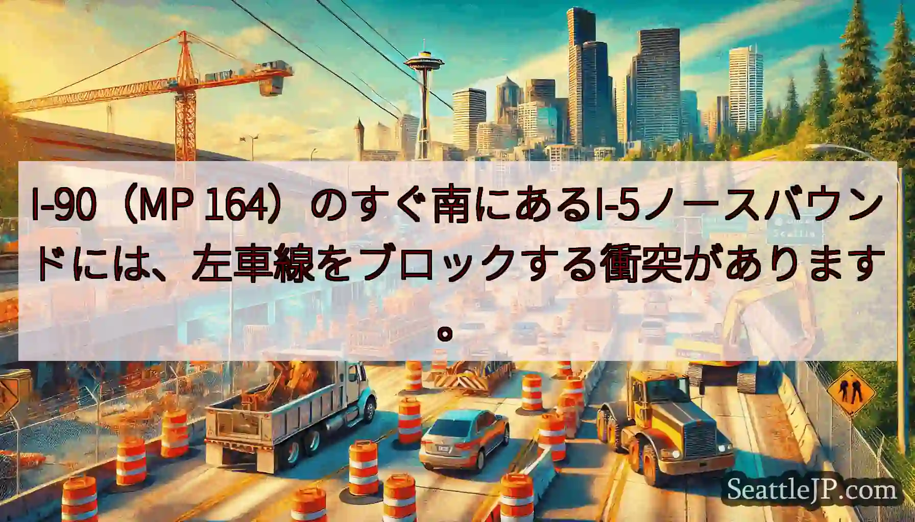 I-90（MP 164）のすぐ南にあるI-5ノースバウンドには、左車線をブロックする衝突があります。