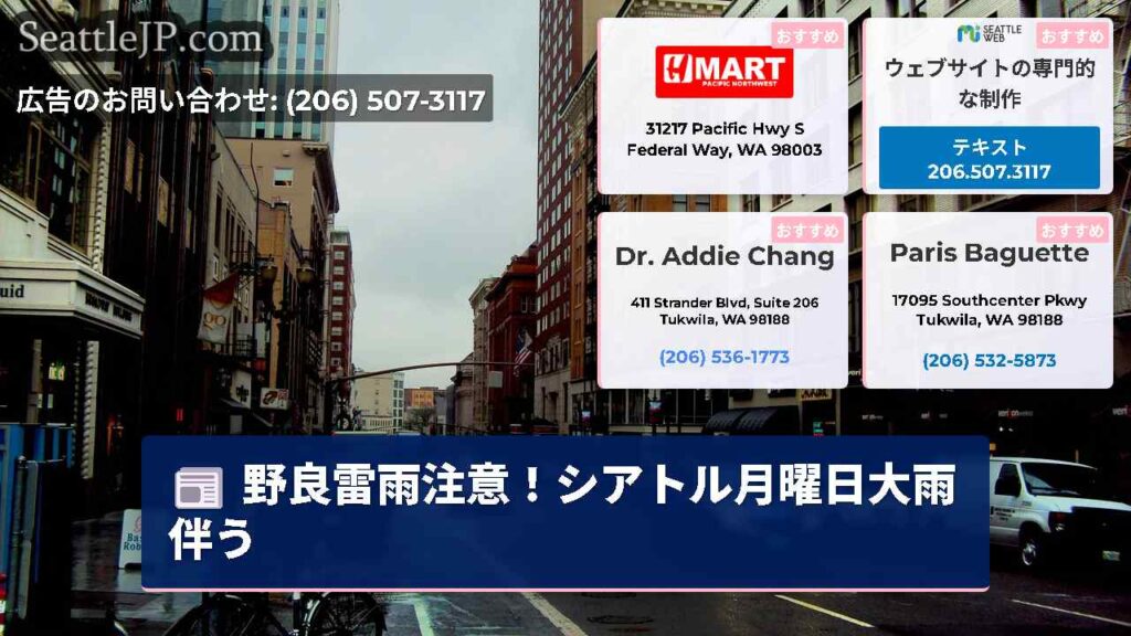 野良雷雨注意！シアトル月曜日大雨伴う