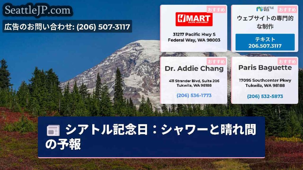 シアトル記念日：シャワーと晴れ間の予報
