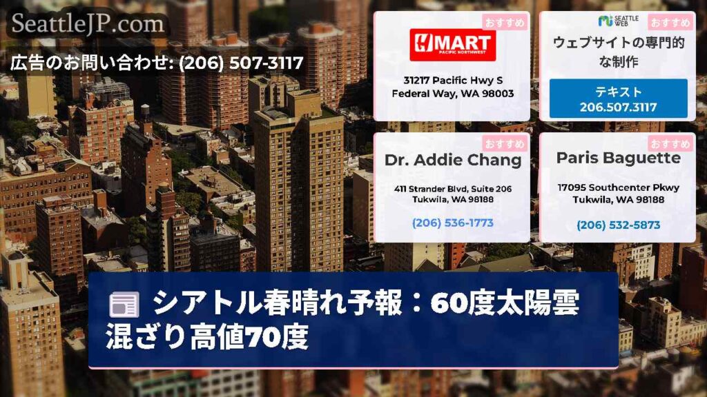 シアトル春晴れ予報：60度太陽雲混ざり高値70度
