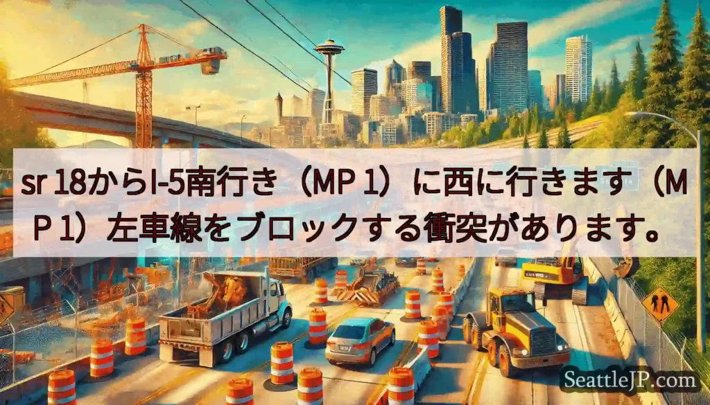 sr 18からI-5南行き（MP 1）に西に行きます（MP 1）左車線をブロックする衝突があります。