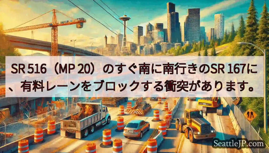 SR 516（MP 20）のすぐ南に南行きのSR 167に、有料レーンをブロックする衝突があります。