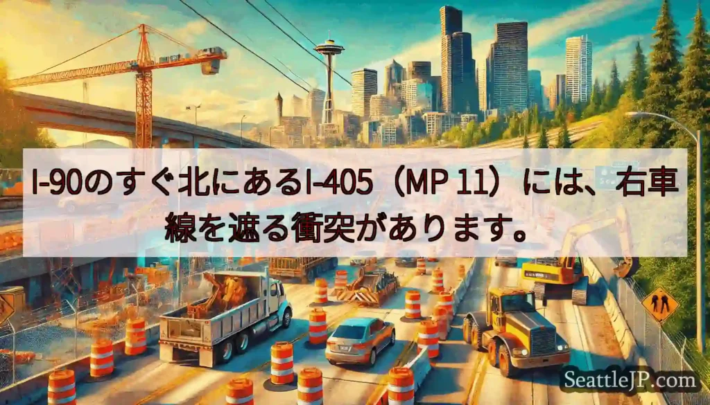I-90のすぐ北にあるI-405（MP 11）には、右車線を遮る衝突があります。