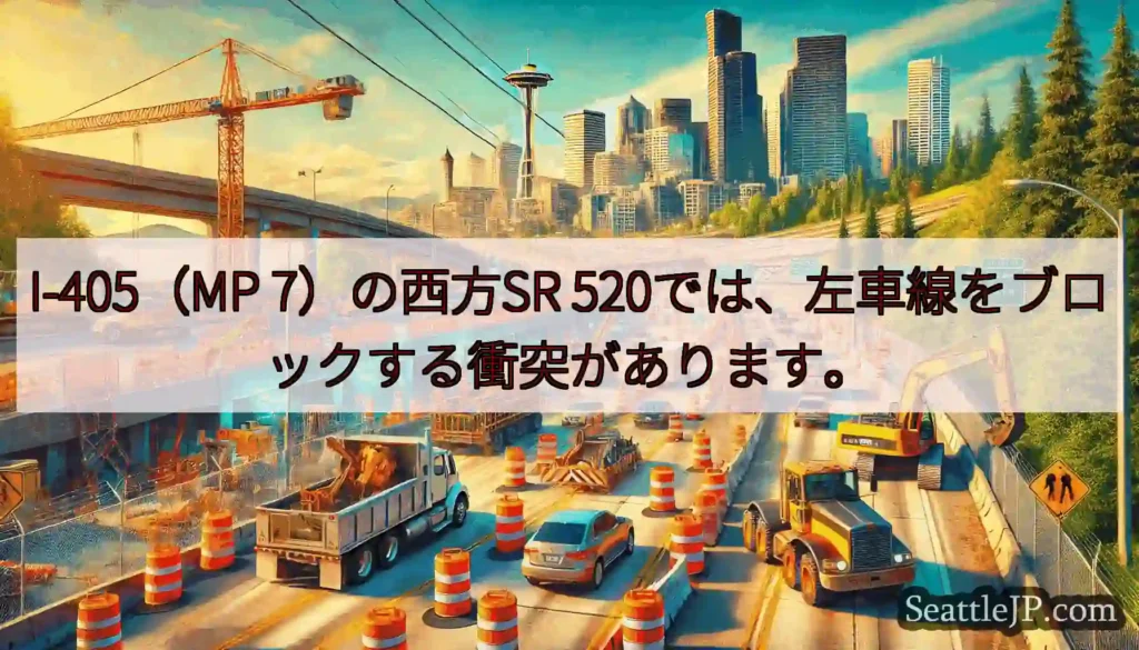 I-405（MP 7）の西方SR 520では、左車線をブロックする衝突があります。
