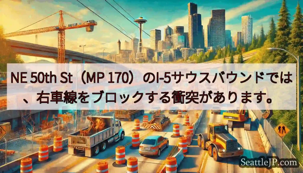 NE 50th St（MP 170）のI-5サウスバウンドでは、右車線をブロックする衝突があります。