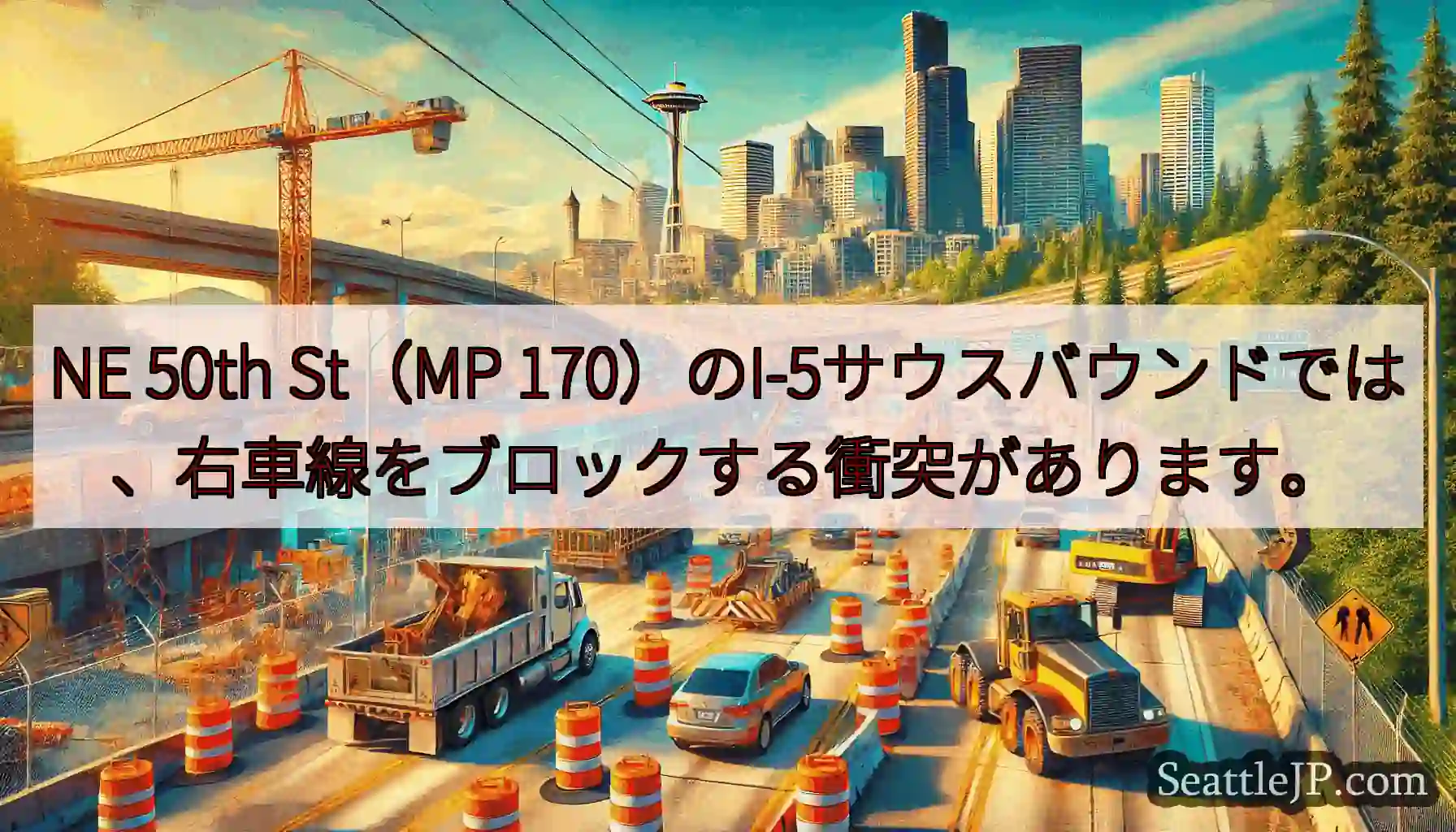 NE 50th St（MP 170）のI-5サウスバウンドでは、右車線をブロックする衝突があります。
