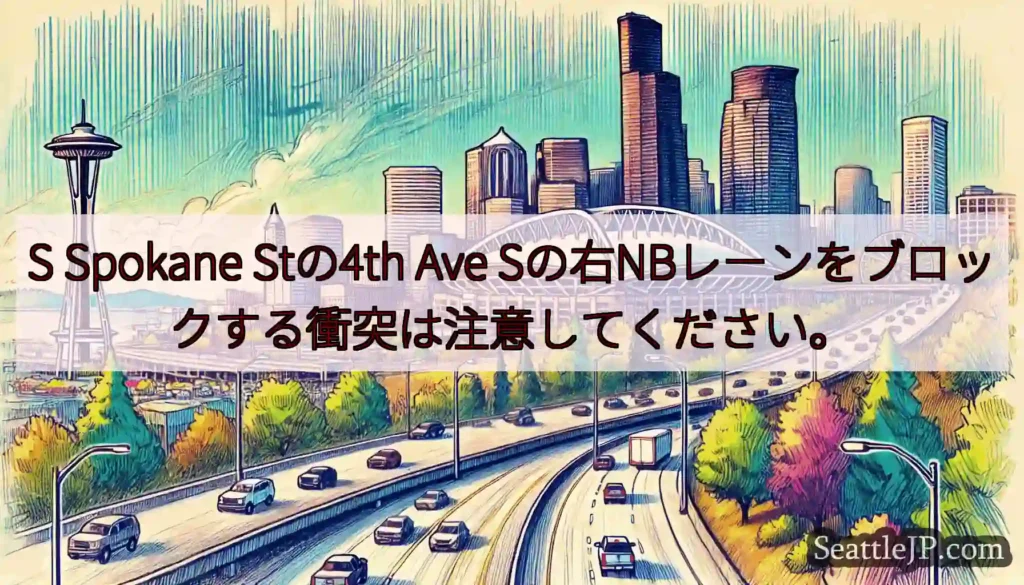S Spokane Stの4th Ave Sの右NBレーンをブロックする衝突は注意してください。