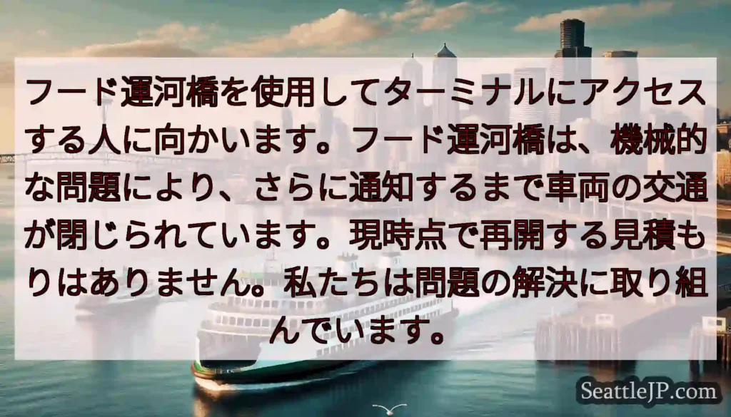 フード運河橋を使用してターミナルにアクセスする人に向かいます。フード運河橋は、機械的な問題により、さ