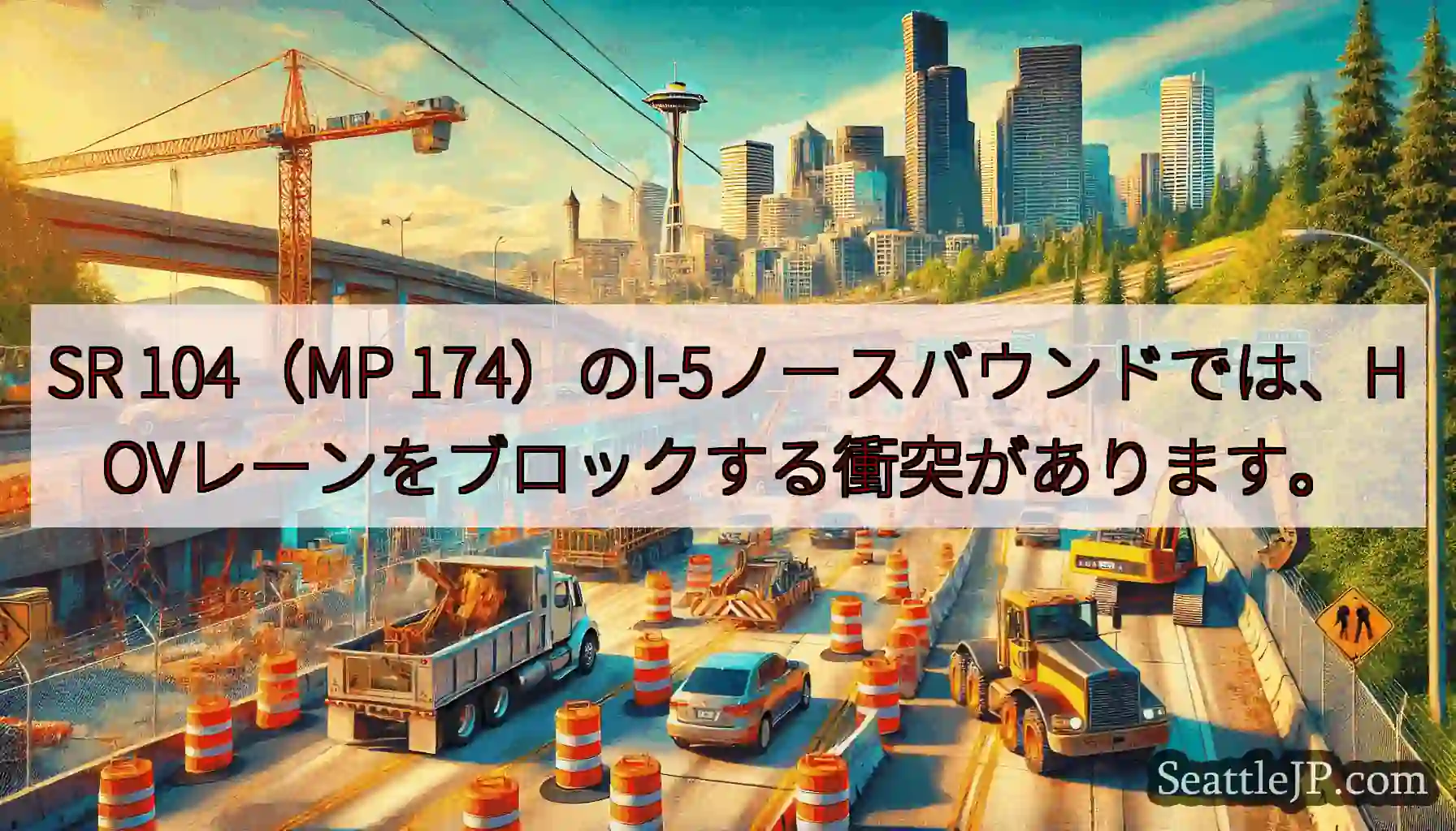 SR 104（MP 174）のI-5ノースバウンドでは、HOVレーンをブロックする衝突があります。