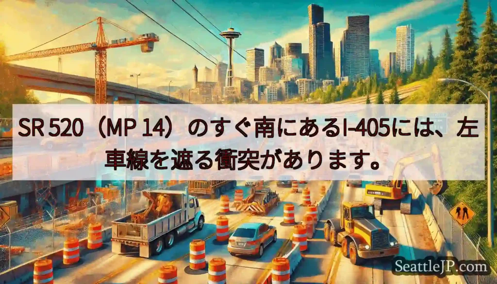 SR 520（MP 14）のすぐ南にあるI-405には、左車線を遮る衝突があります。
