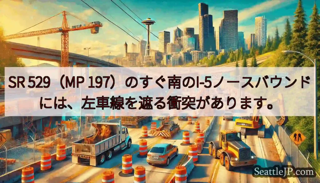 SR 529（MP 197）のすぐ南のI-5ノースバウンドには、左車線を遮る衝突があります。