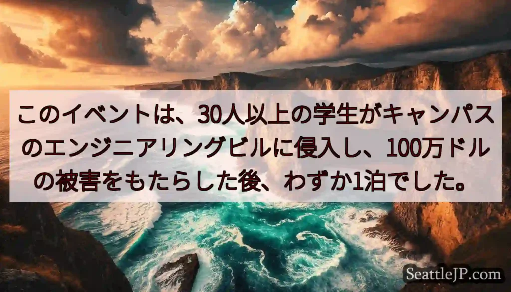 このイベントは、30人以上の学生がキャンパスのエンジニアリングビルに侵入し、100万ドルの被害をもた