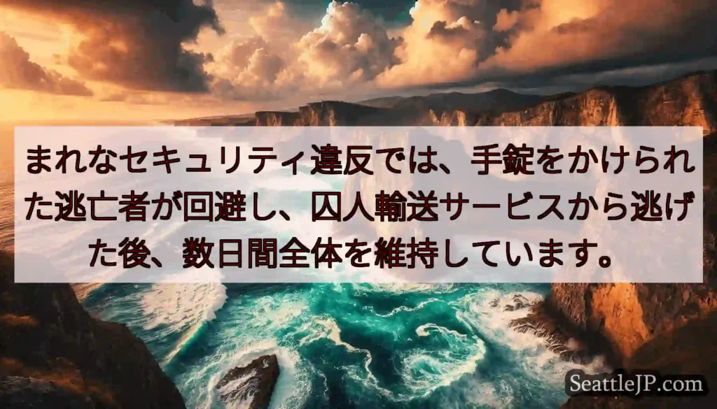 まれなセキュリティ違反では、手錠をかけられた逃亡者が回避し、囚人輸送サービスから逃げた後、数日間全体