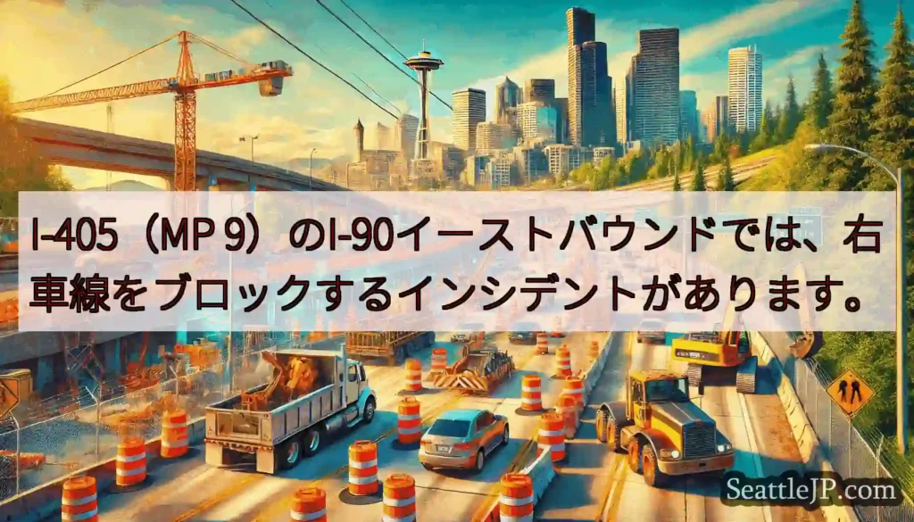 I-405（MP 9）のI-90イーストバウンドでは、右車線をブロックするインシデントがあります。