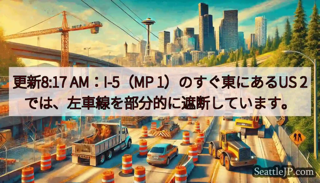更新8:17 AM：I-5（MP 1）のすぐ東にあるUS 2では、左車線を部分的に遮断しています。